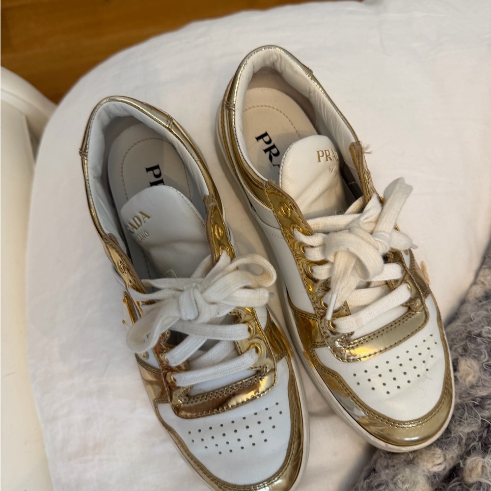 Prada Women's Metallic Gold and White Sneakers